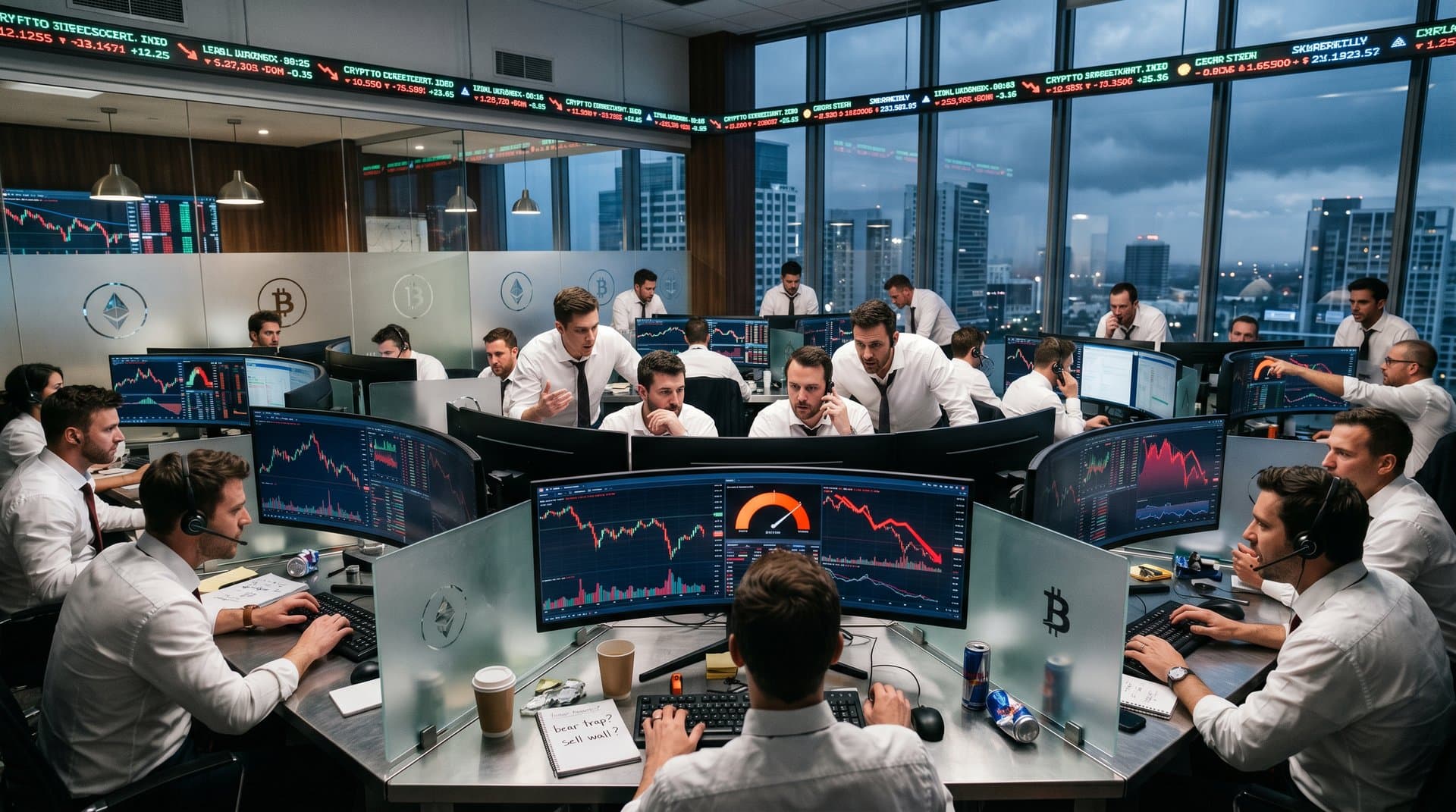 Trading floor analysts monitor crypto charts with Fear & Greed Index at 32 and BTC at $78,089 amid market tension