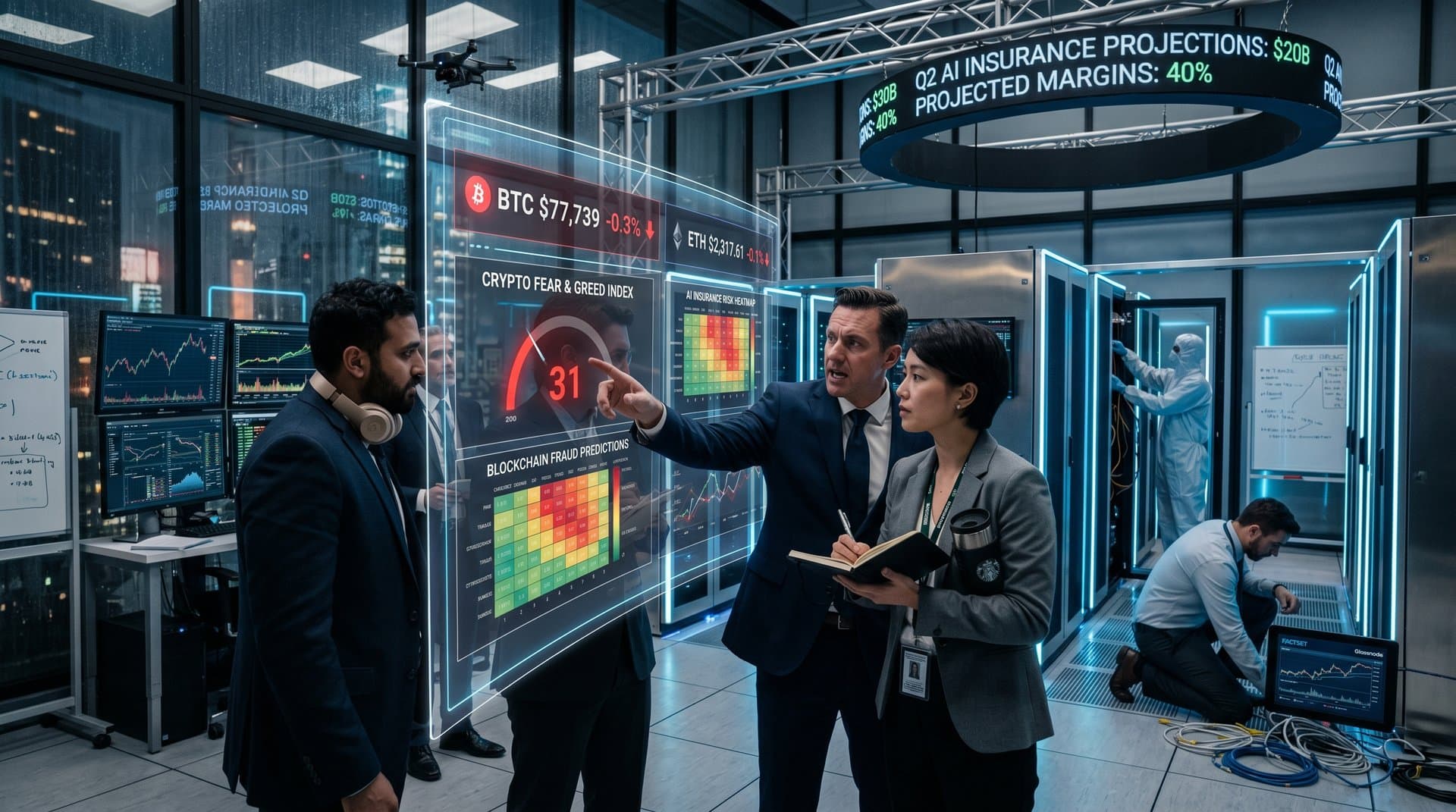 Engineers monitoring AI cybersecurity dashboards amid server racks in Equinix Tier IV data center