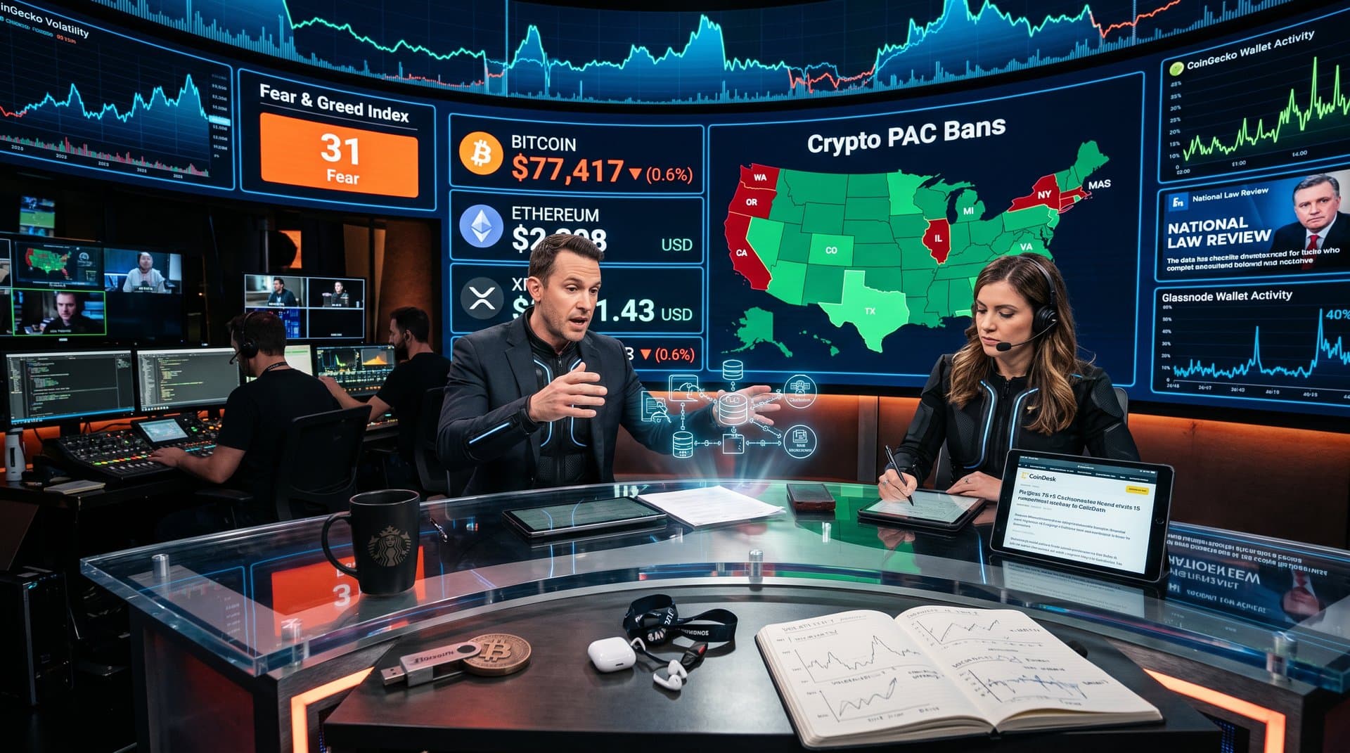 News studio screens show crypto prices and state maps on political donations amid high-tech broadcast setup