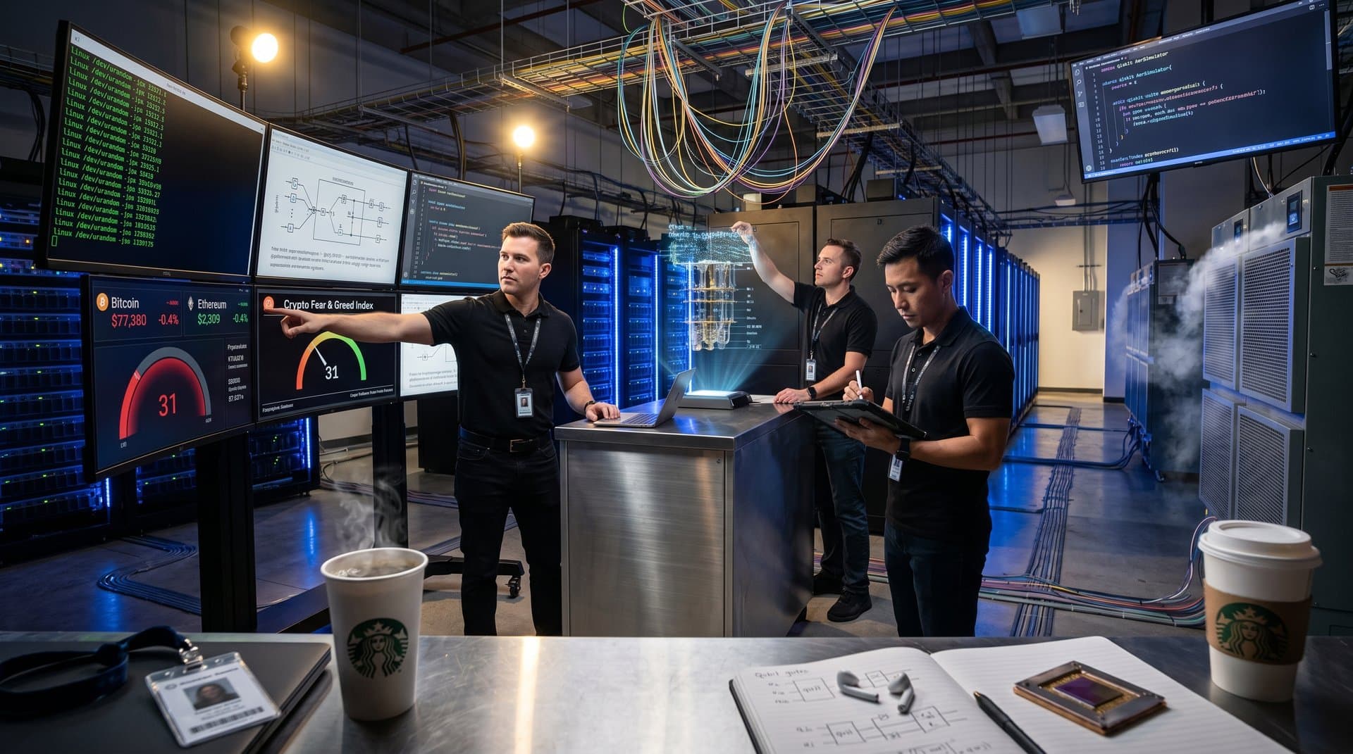 Quantum data center monitors display /dev/urandom streams, crypto charts, and Fear & Greed Index