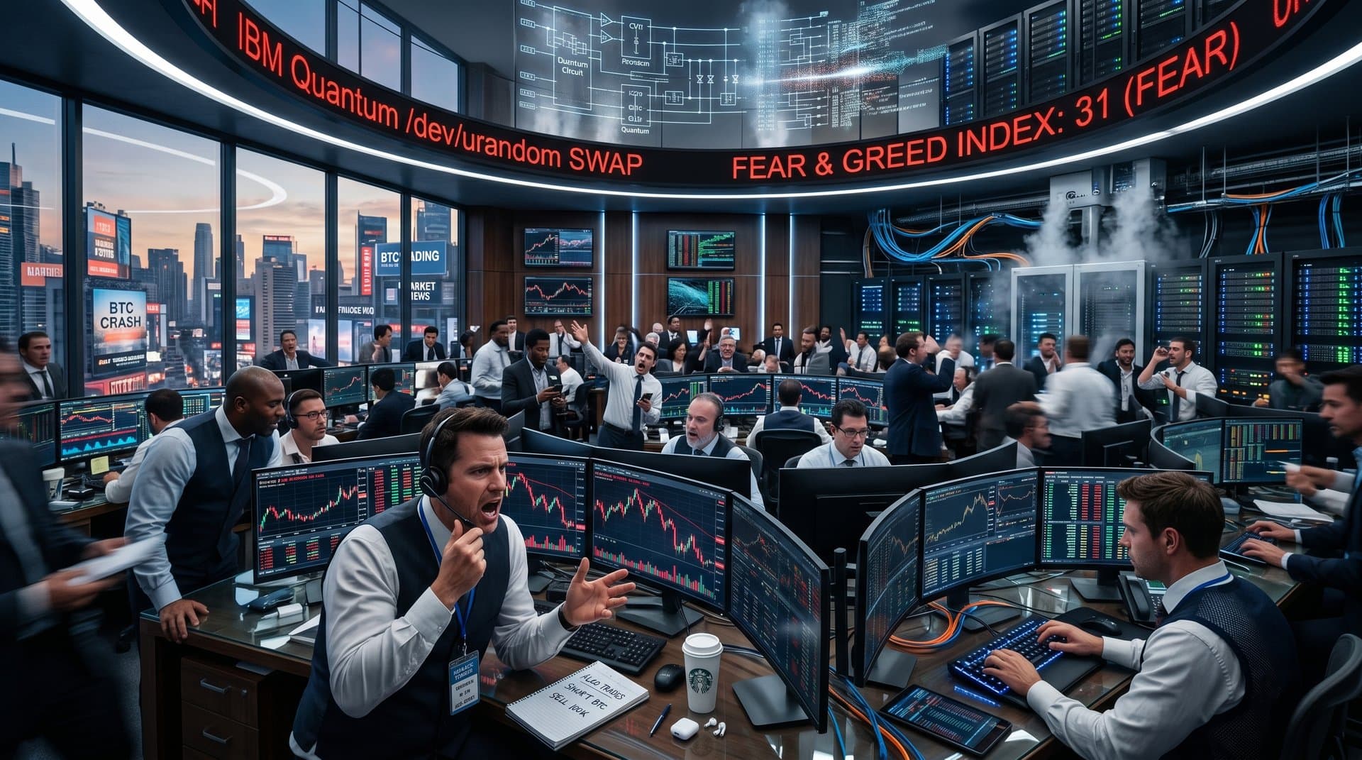 Abstract trading floor screens show IBM Quantum /dev/urandom news, BTC at $77k dip, Fear & Greed 31 amid market urgency