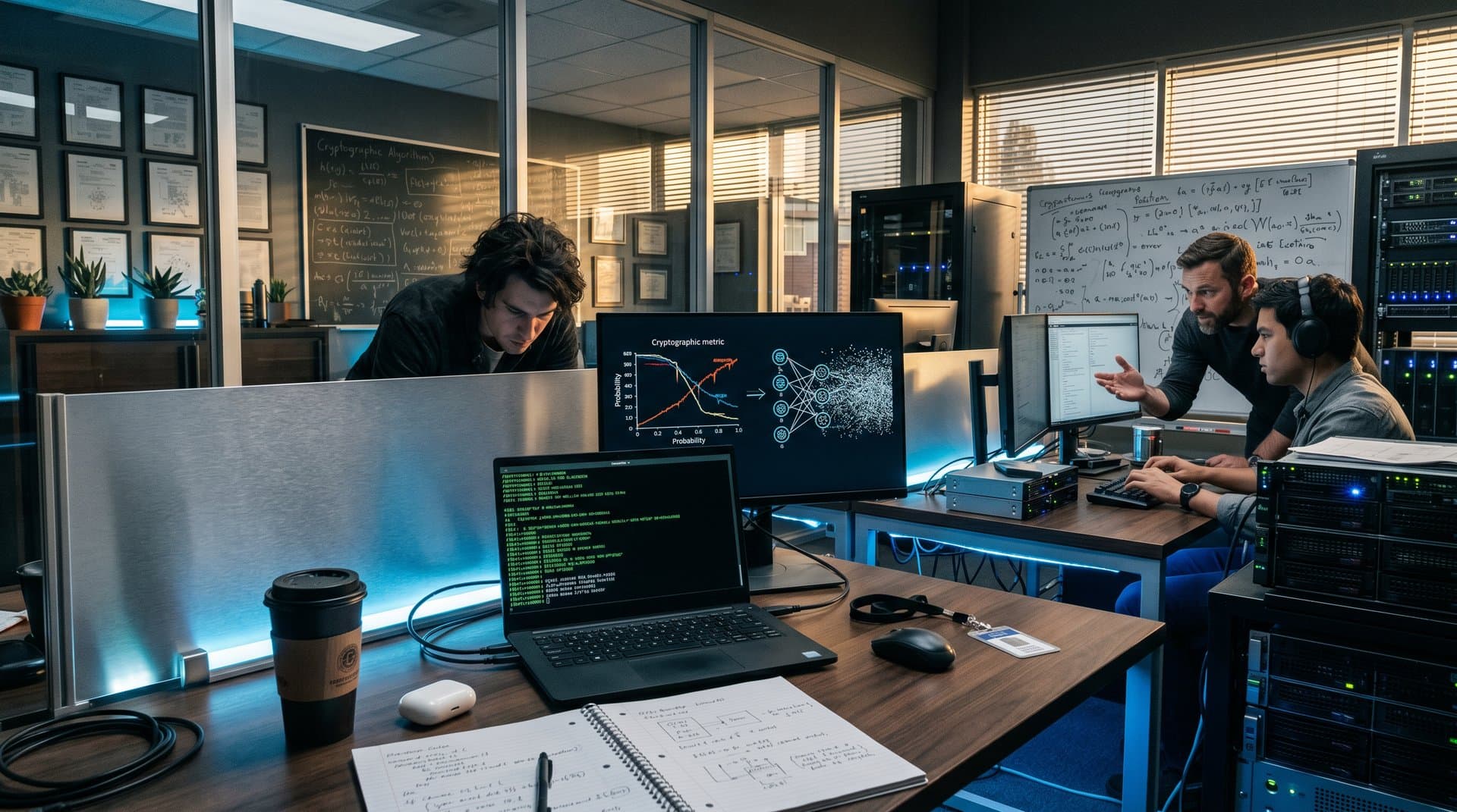 Laptop running /dev/urandom quantum prank code with Qiskit circuits and key recovery graphs on screen in a high-tech workspace