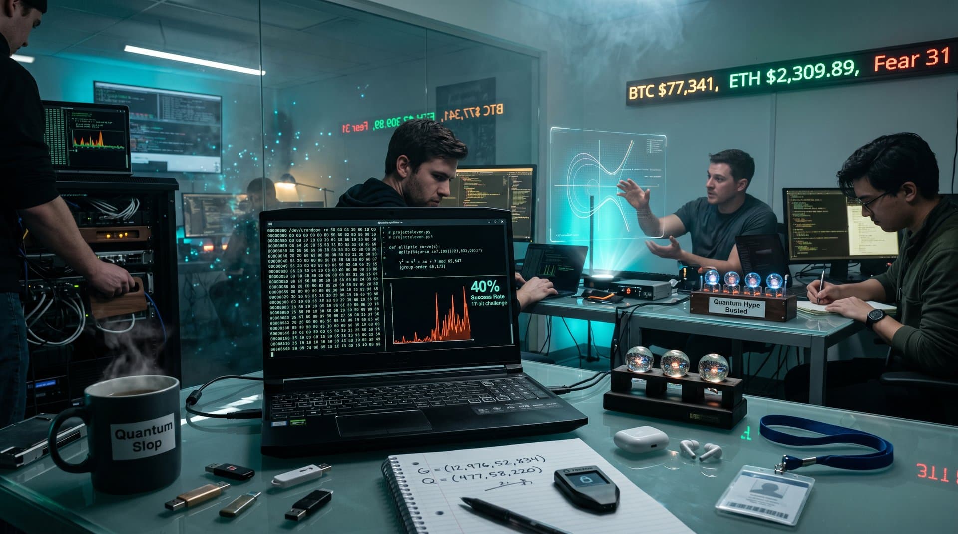 Laptop terminal runs /dev/urandom quantum simulation with 40% success graph, Bitcoin ticker, and blockchain icons in dark high-tech setup.