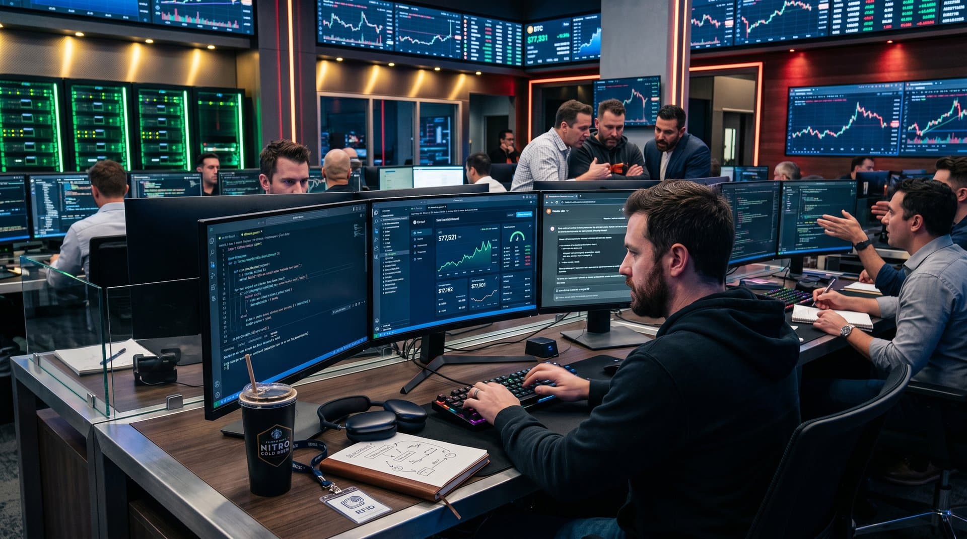 Developer screens showing AI coding tools like Copilot and Cursor reviving crypto projects with BTC charts and smart contracts