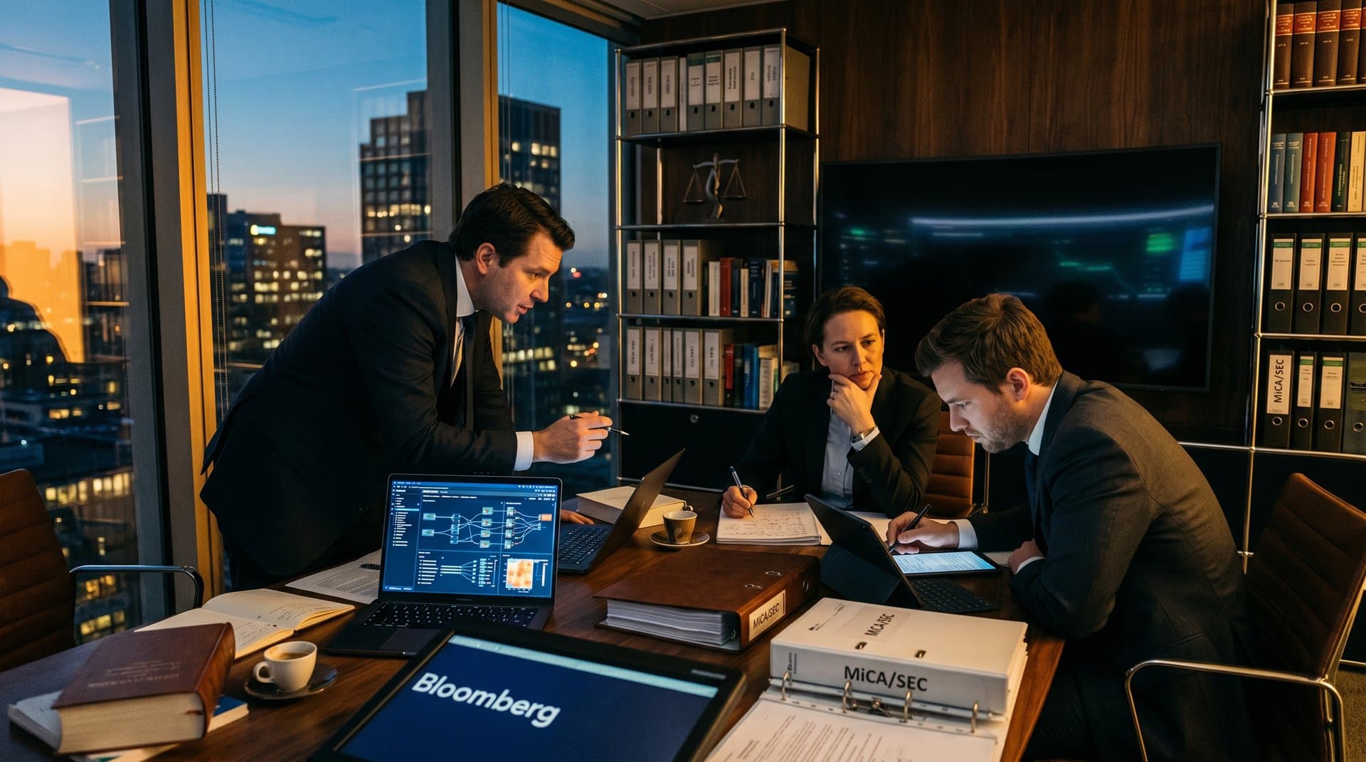 Modern law firm team reviews Wolters Kluwer AI outputs on screens amid crypto charts and legal documents