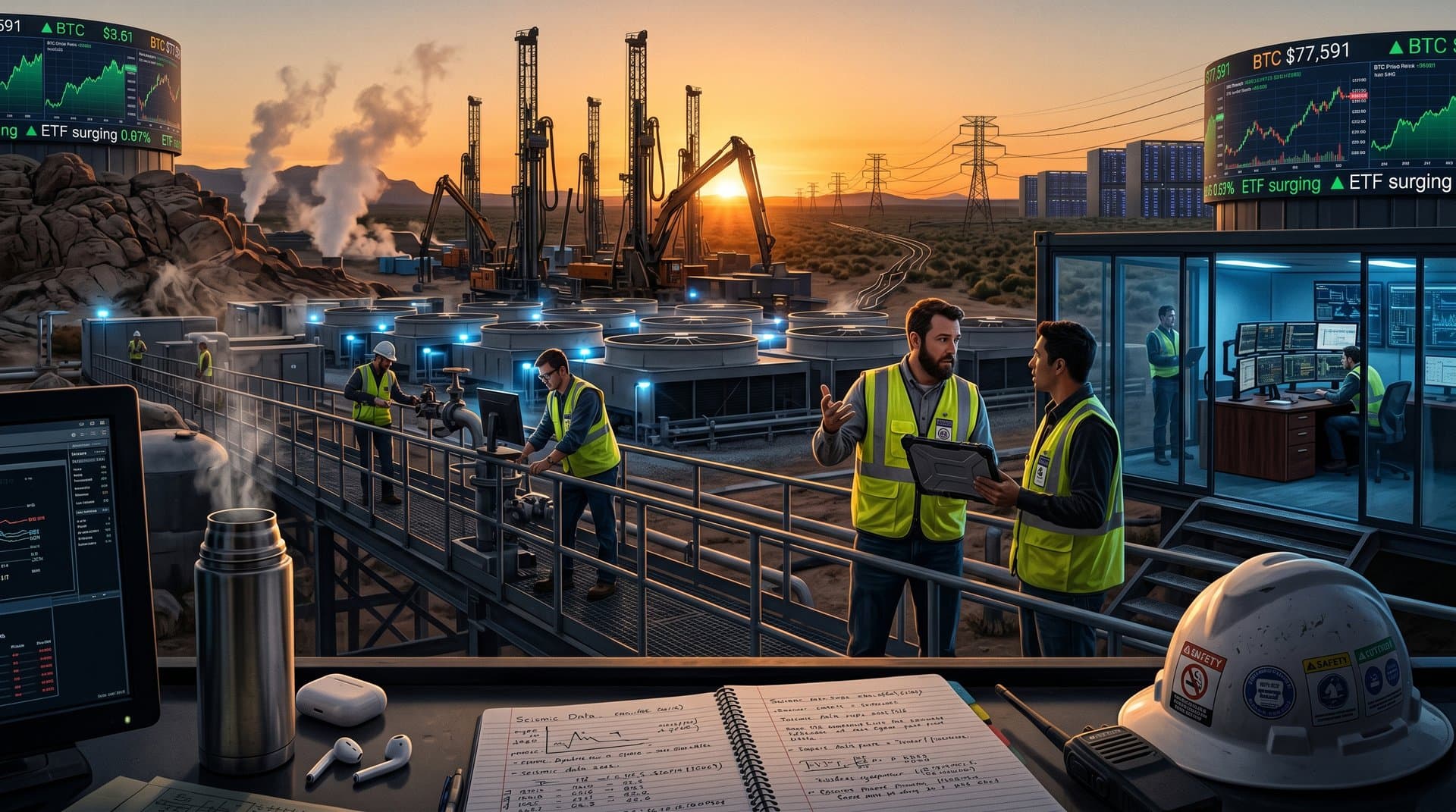 Geothermal power plant with EGS wells and turbines powering data centers in desert landscape