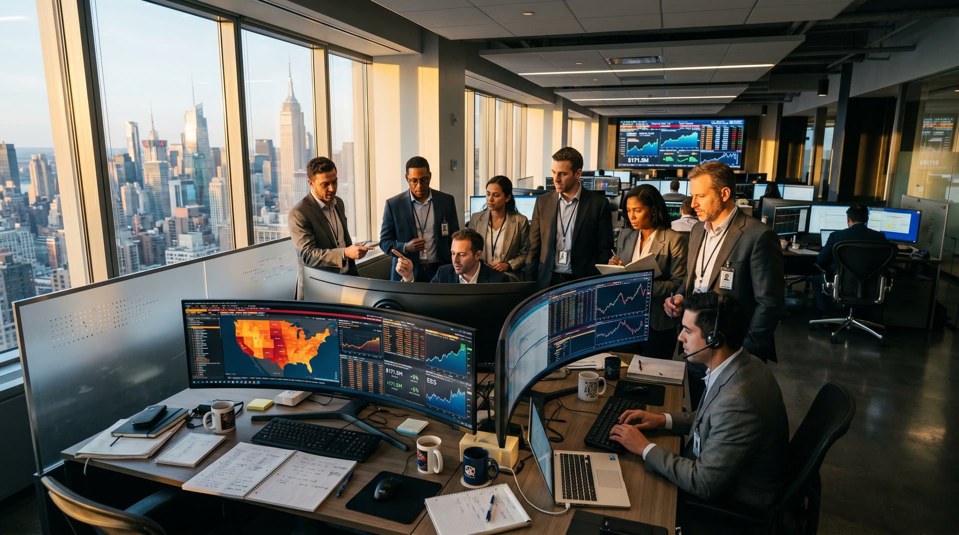 Fintech analysts review geothermal charts and Fervo 150 GW projections on trading floor screens in modern office.