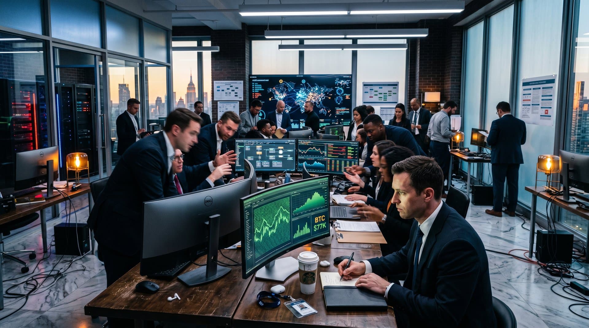 Professionals review Wolters Kluwer AI dashboards and crypto charts in modern compliance office