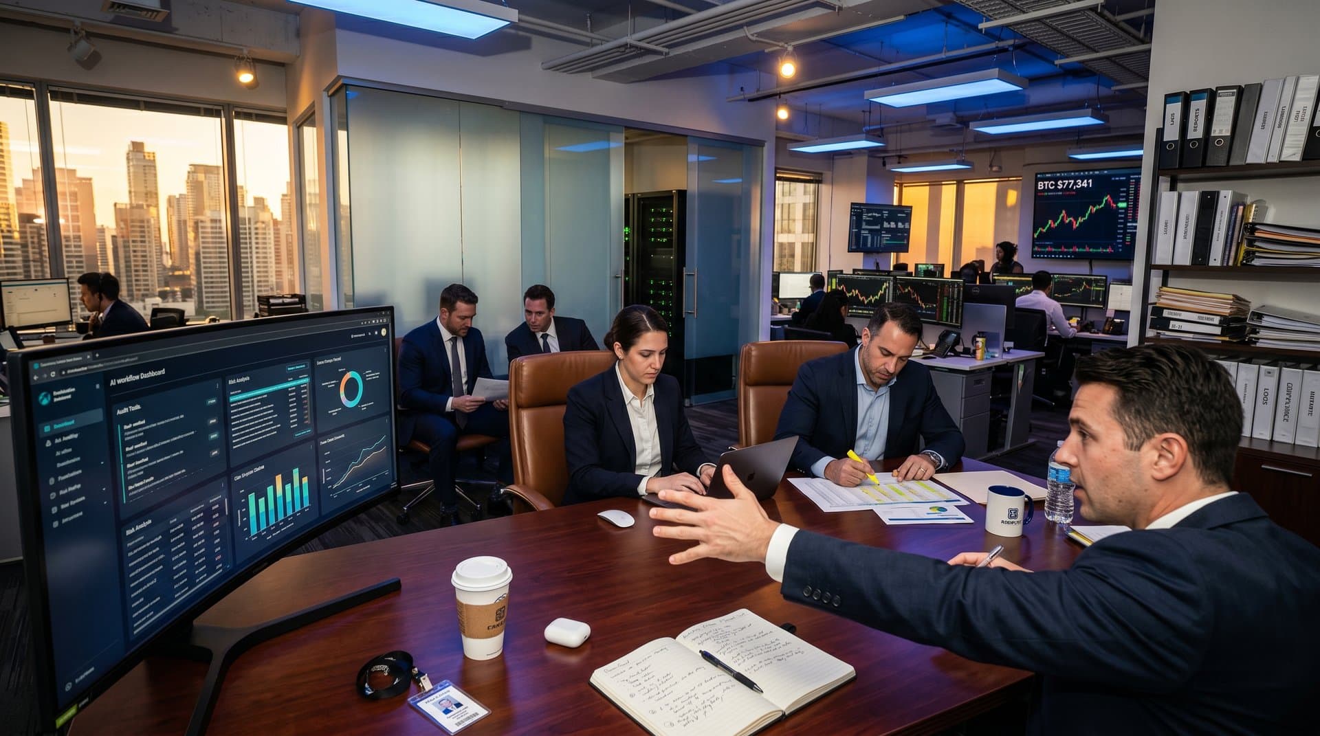 Compliance team reviews Wolters Kluwer AI dashboards on monitors in modern office with city skyline and crypto charts