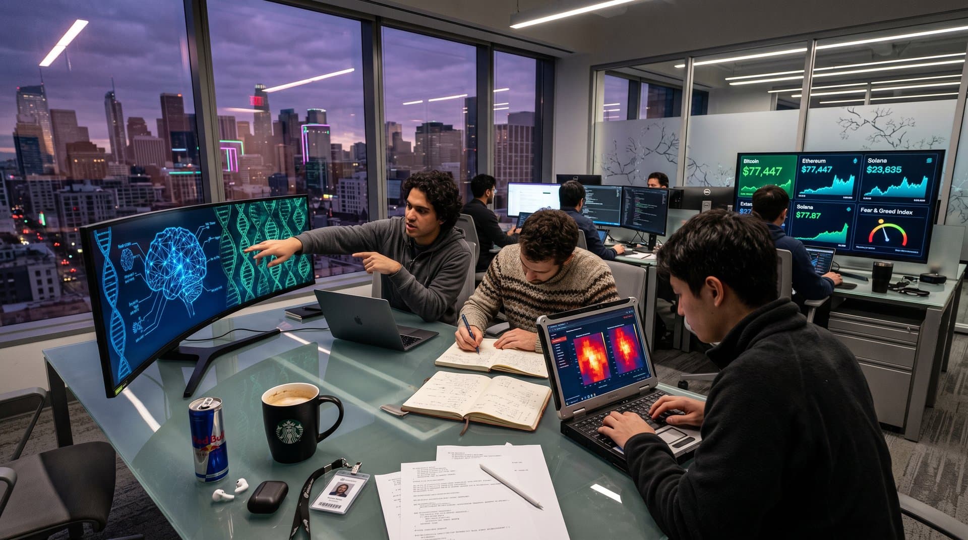 OpenAI lab screens showing AI neural networks, DNA models, and biosecurity heatmaps with crypto charts