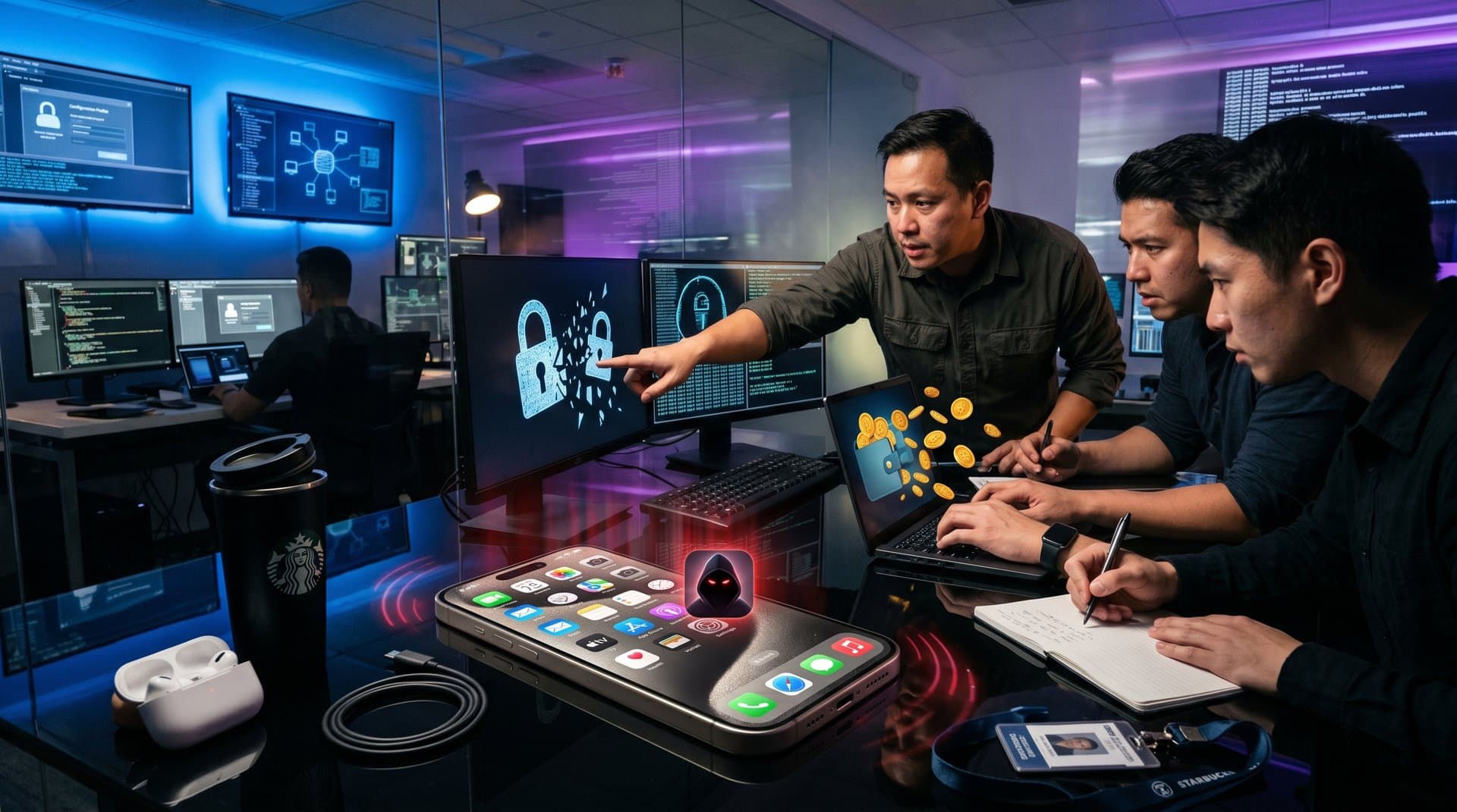 Cyberpunk iPhone screen with ghostly app icon materializing amid cracking privacy shields and crypto wallet alerts