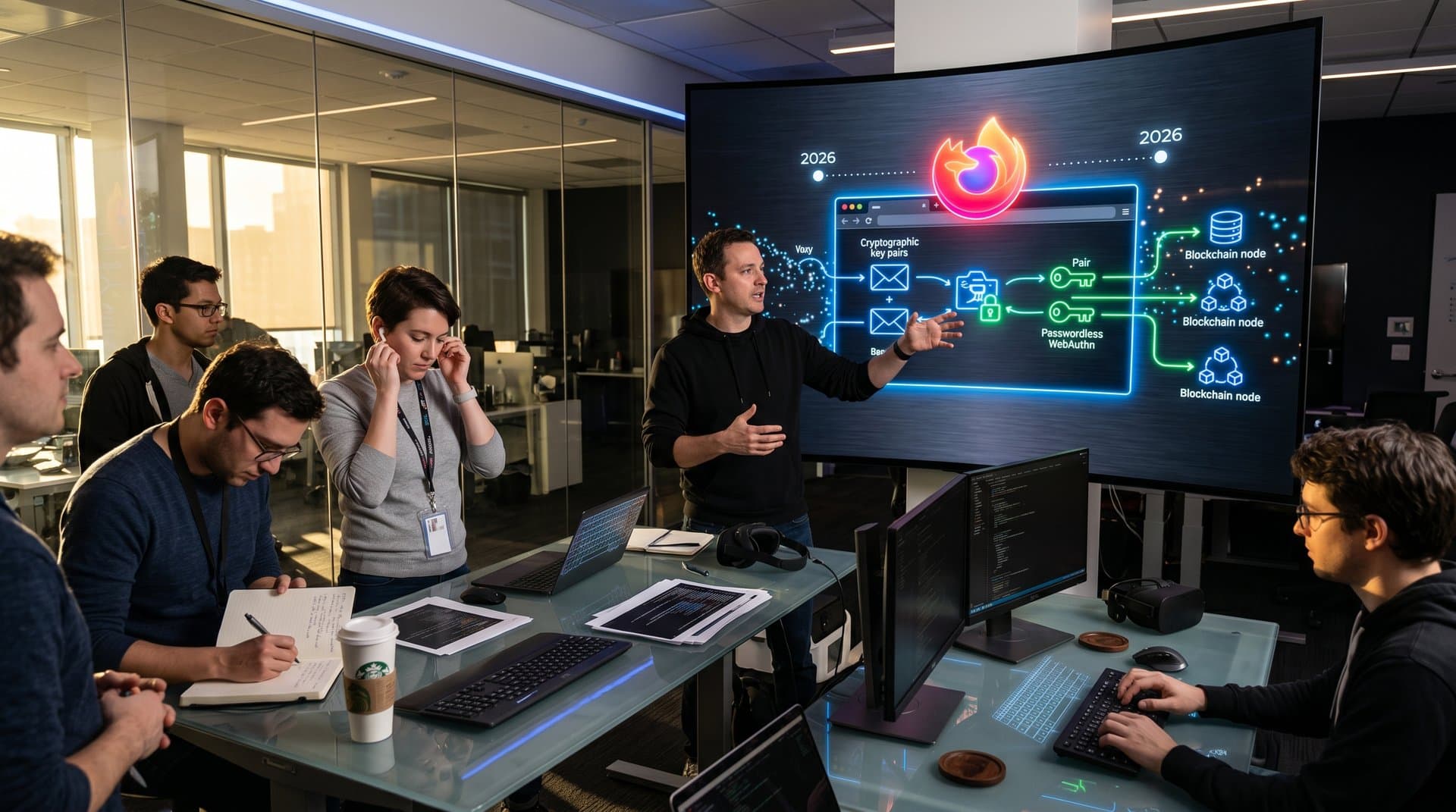 Futuristic Mozilla Firefox emblem over browser window showing decentralized passwordless login and crypto keys