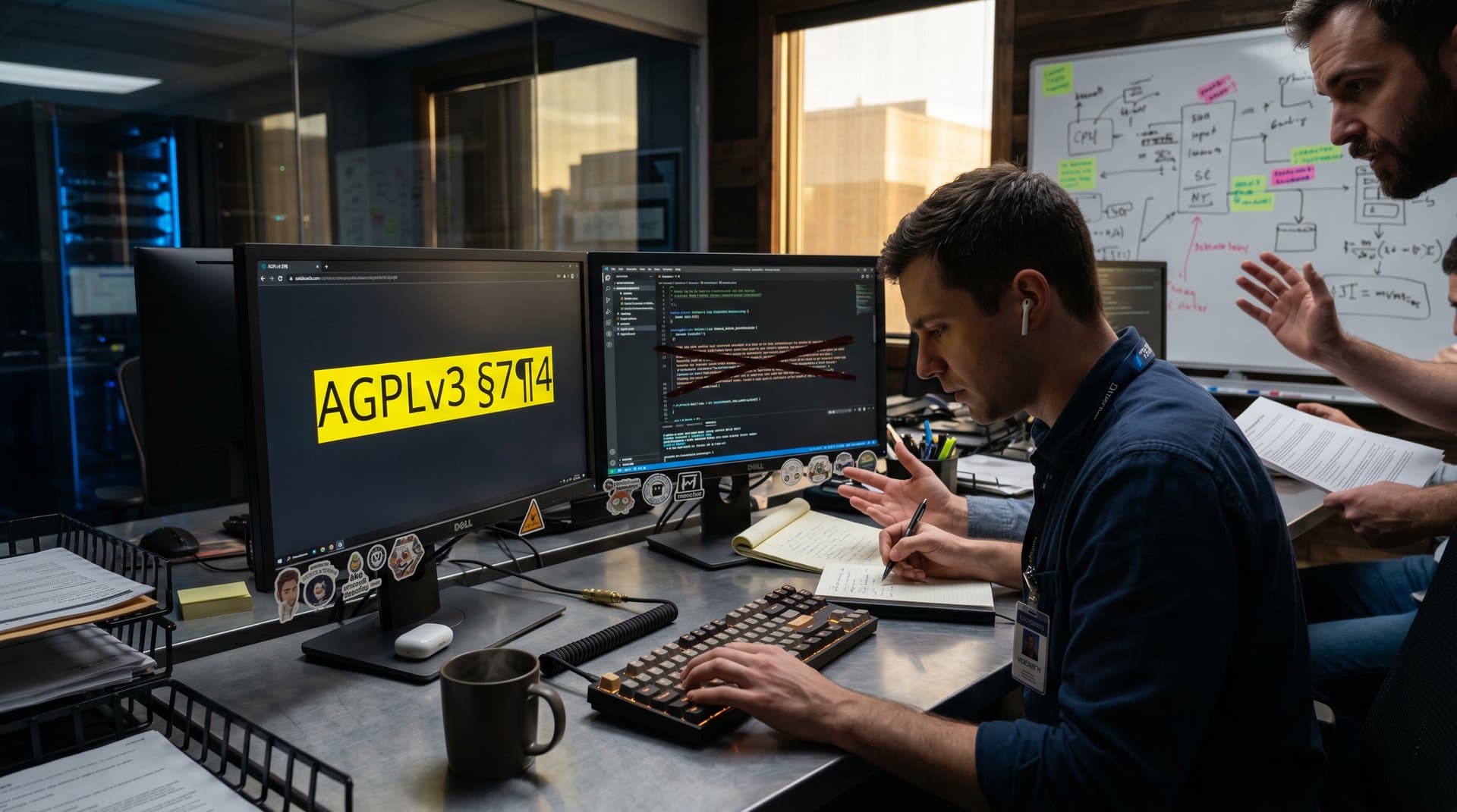 Developer screens showing AGPLv3 §7¶4 license highlighted and badgeware code edited out in a high-tech workspace