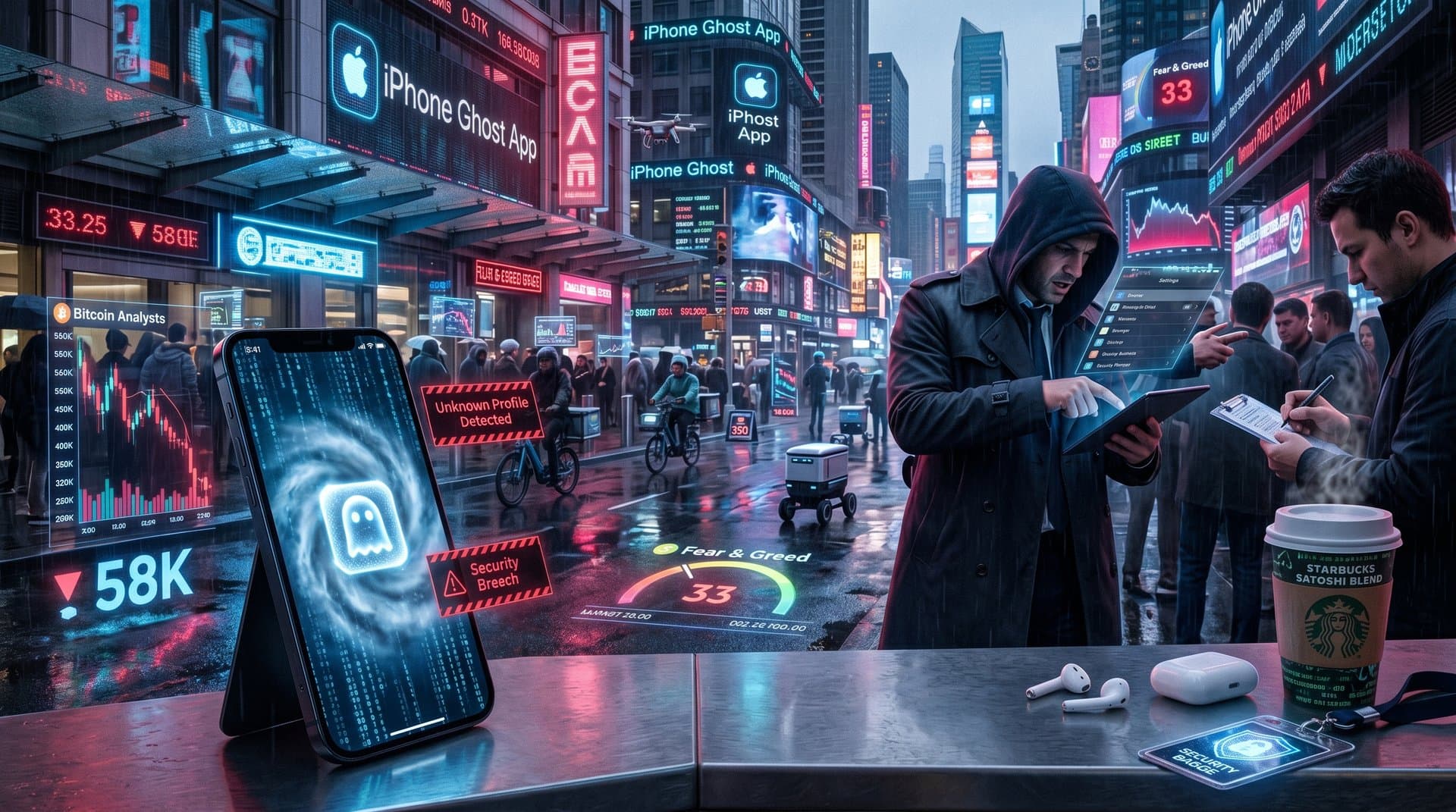 iPhone screen with ghostly app icon, red alerts, crypto fear index at 33 in cyberpunk style