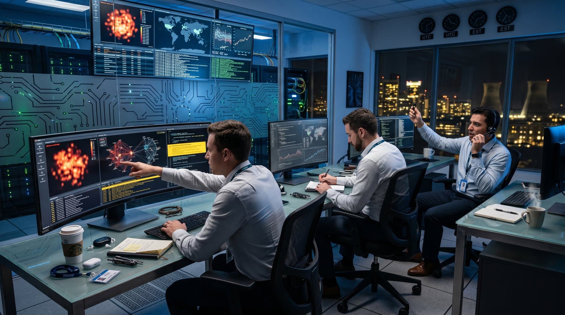 Cybersecurity operations center monitors iPhone mystery app logs and blockchain threats amid server racks