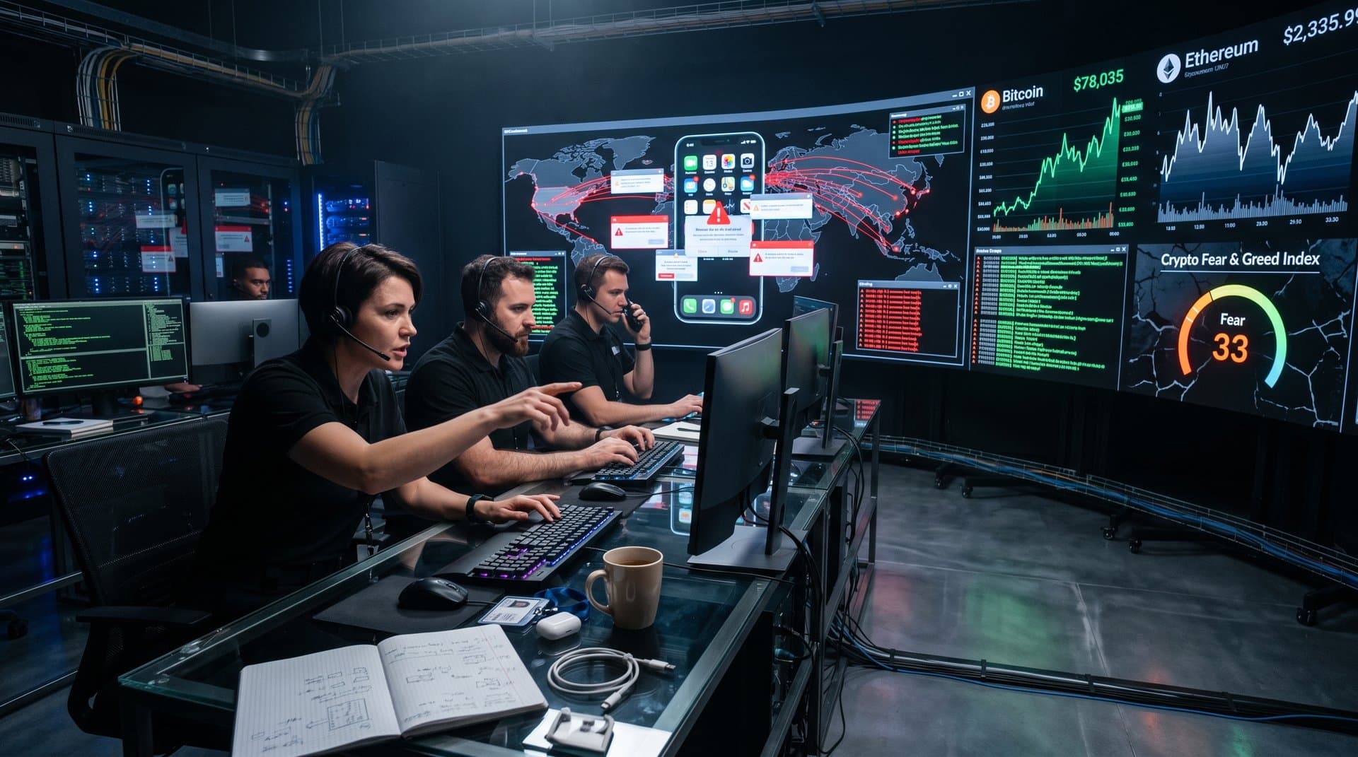 Cybersecurity center displays iPhone mystery app alerts, crypto charts, and Fear Index at 33