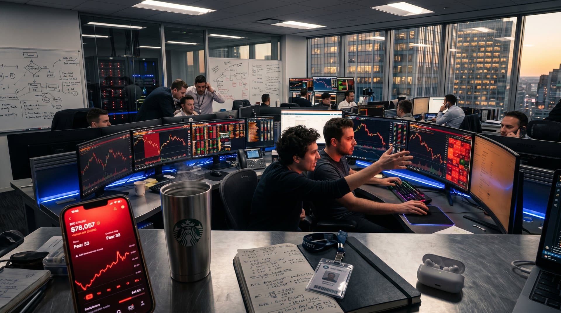 Trader checks iPhone mystery app alert amid volatile crypto charts on busy fintech trading desk