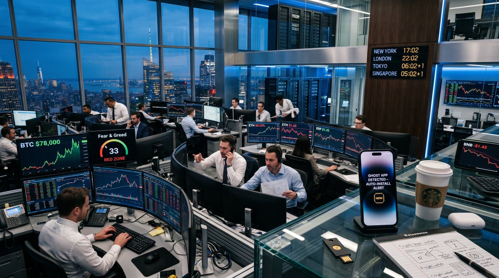 Trading floor monitors show crypto charts and iPhone ghost app alert amid professional activity