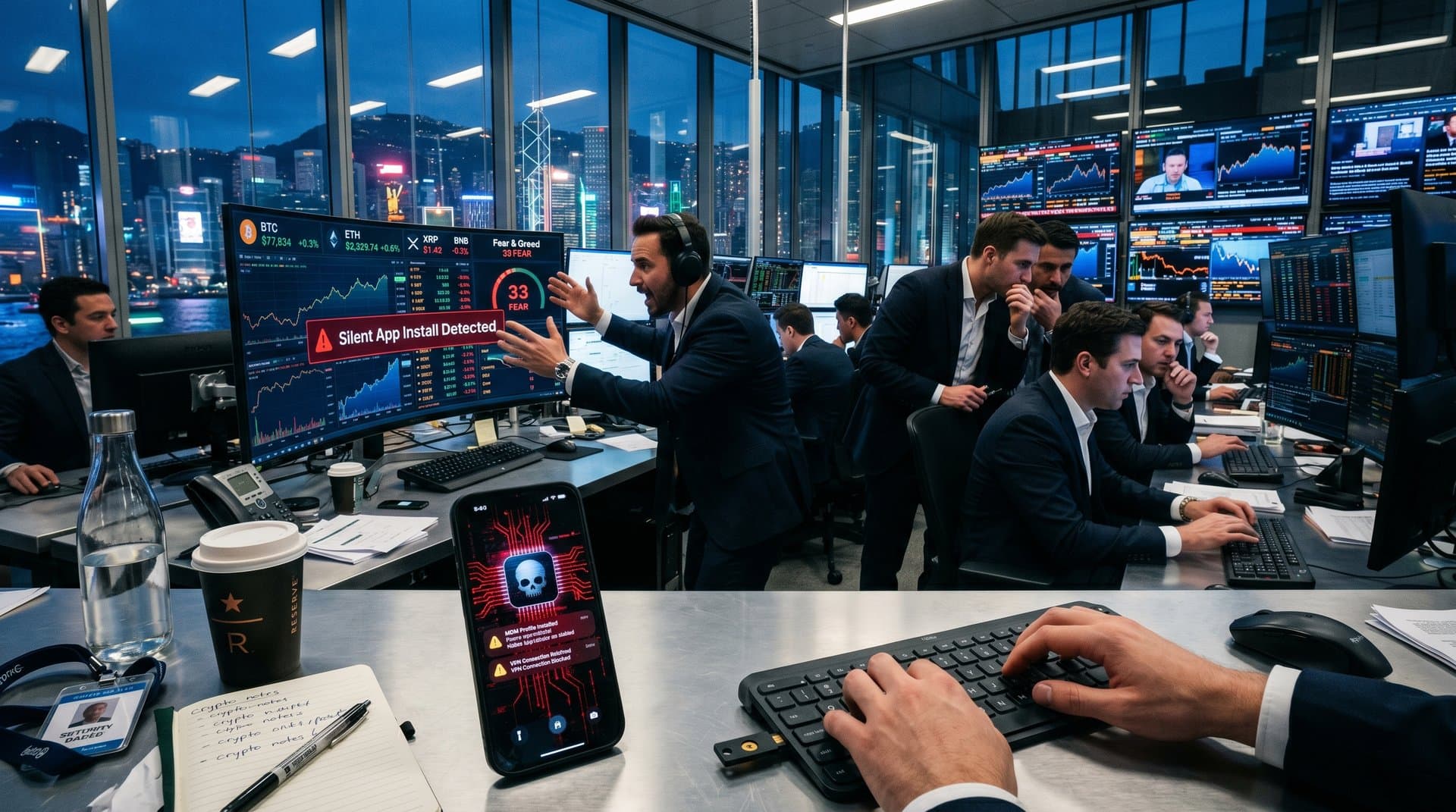 Fintech traders scrutinize crypto charts and iPhone with rogue app on trading floor monitors