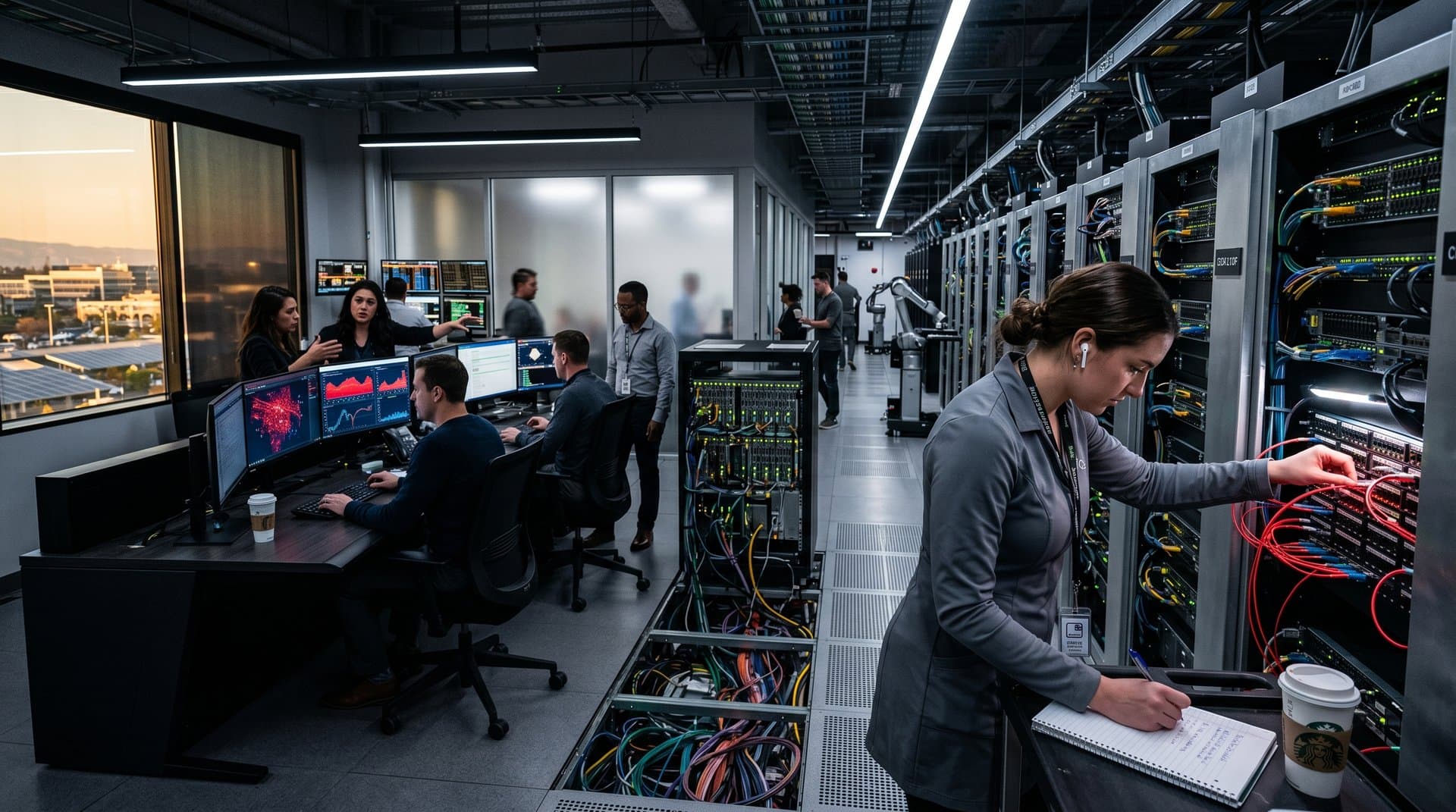 Engineers adjust servers and monitor network threats in a high-security Tier IV data center with LED-lit racks and control room displays