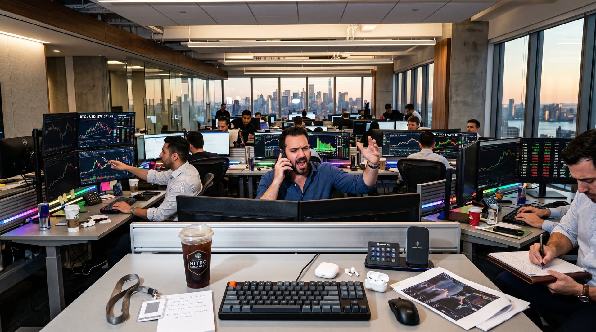 Trading floor monitors show BTC at $78K with iPhone displaying mystery app amid crypto charts