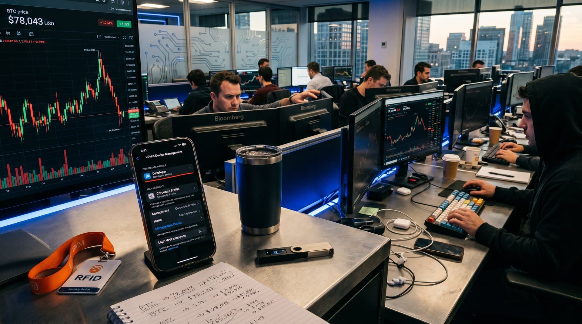 Trader examines iPhone mystery app on trading floor with live crypto charts and Fear & Greed Index at 33