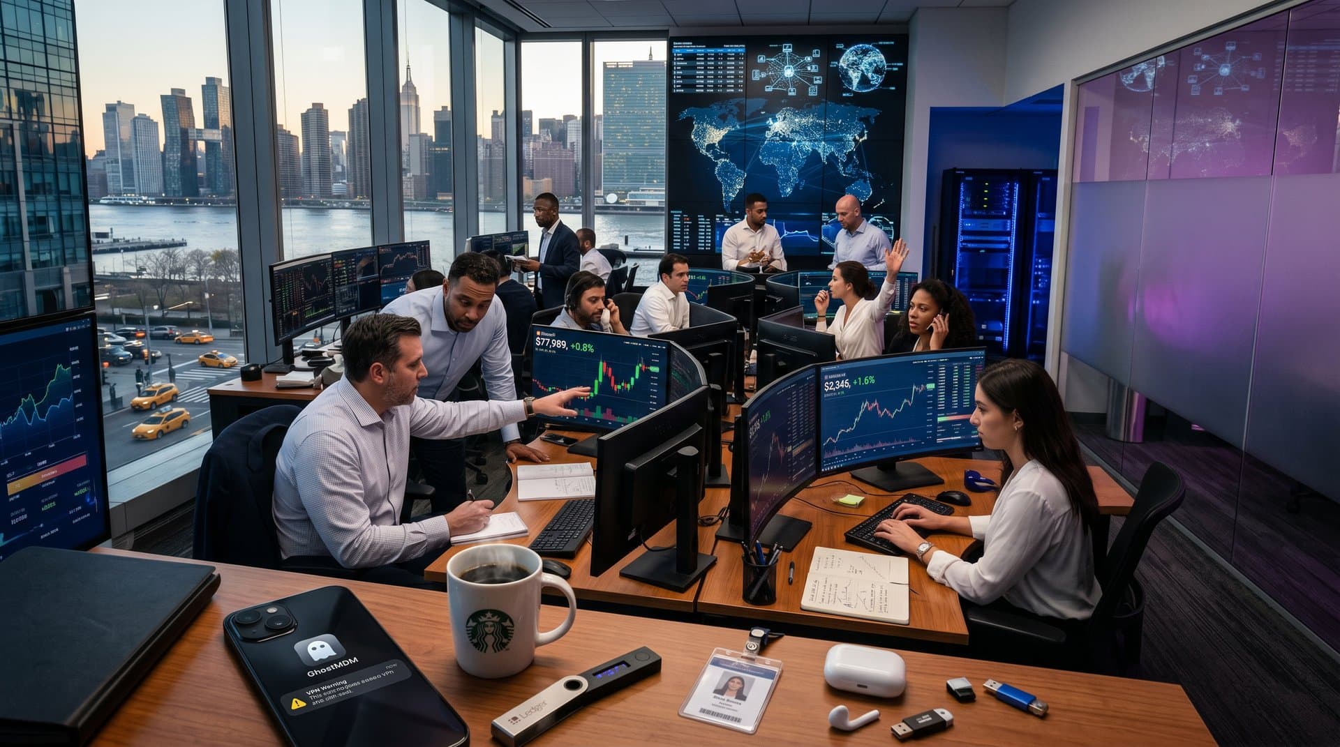 Trading desk with iPhone showing ghost app warning, monitors displaying BTC at $77,989, ETH charts, and Fear & Greed Index at 33 in high-energy office