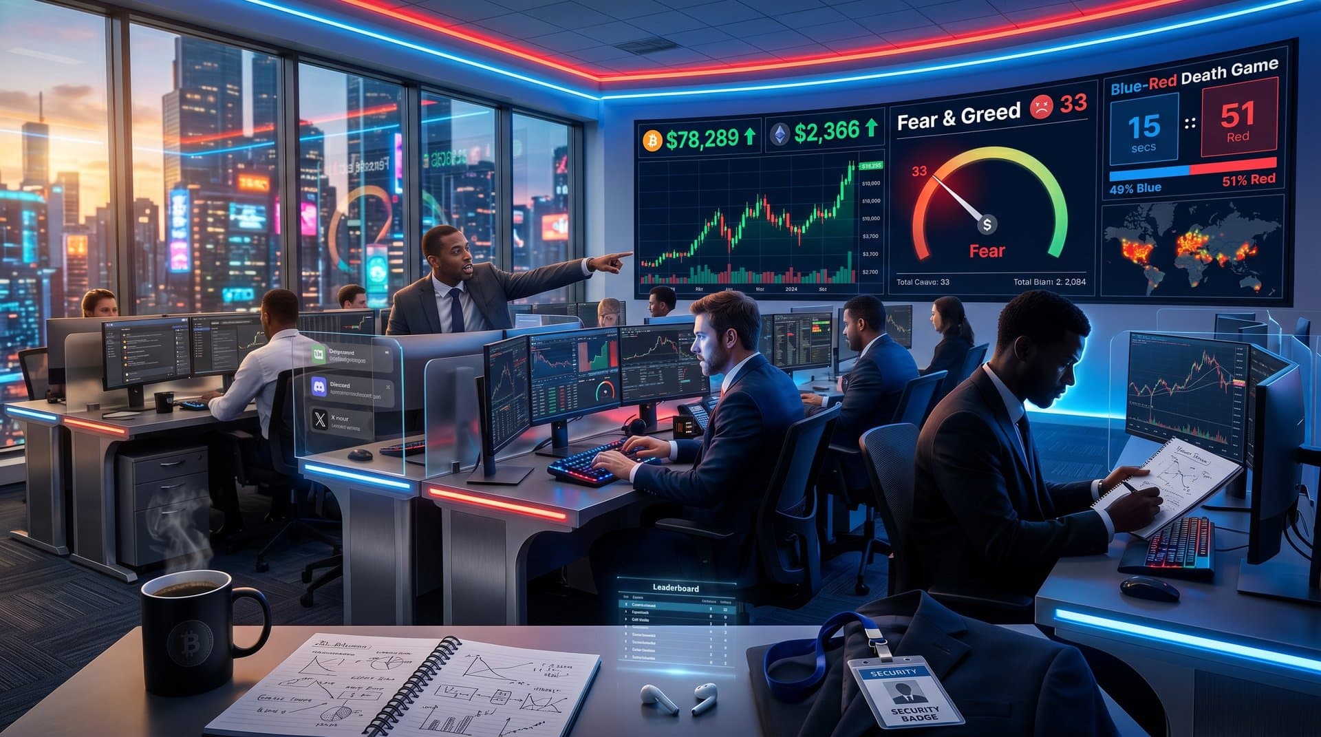 Trading floor monitors crypto charts, Fear Index at 33, and viral blue-red game screenshots amid market activity