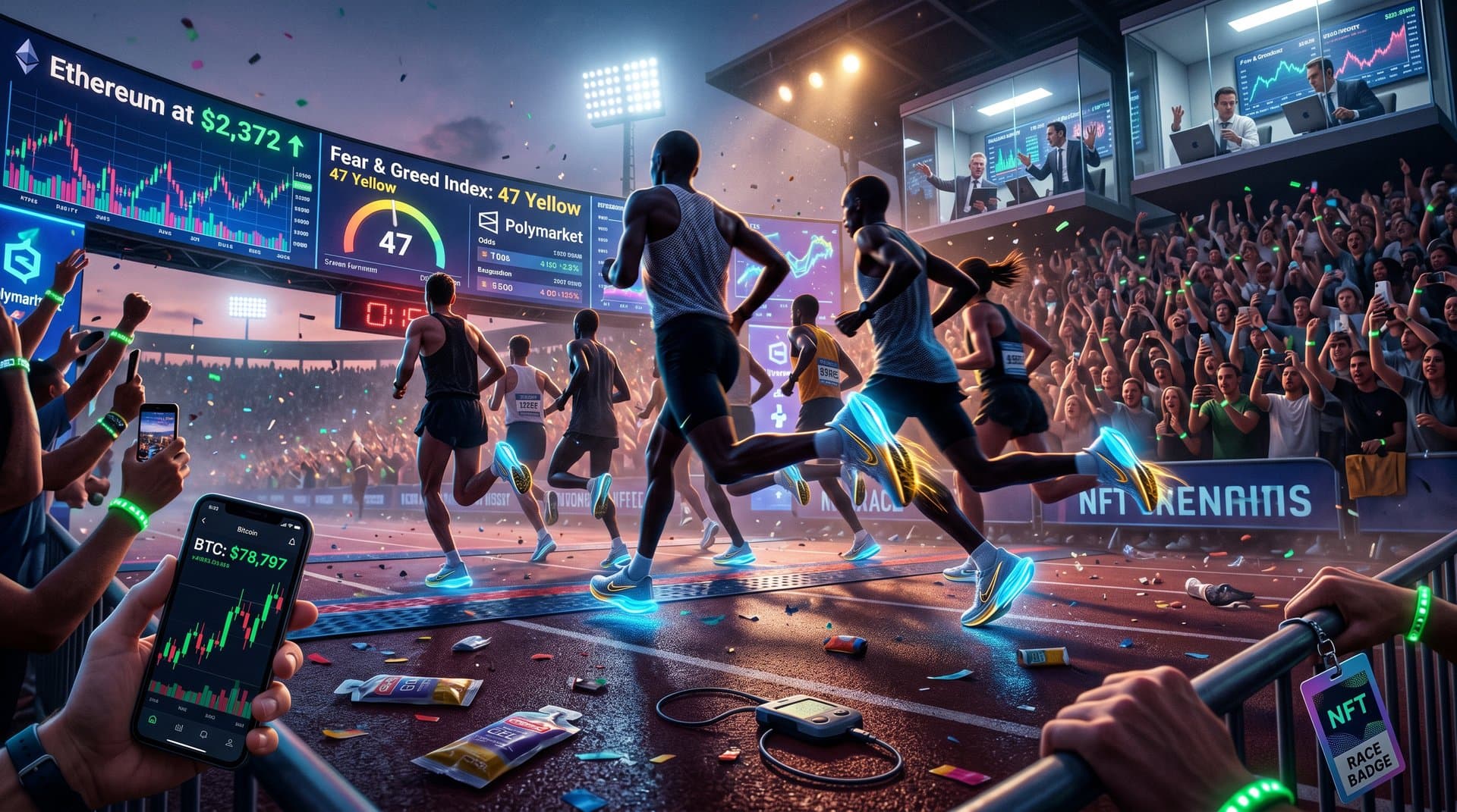 Abstract runners in Adizero Adios Pro Evo 3 super shoes shatter marathon records with blockchain verification and Bitcoin $78K chart fusion