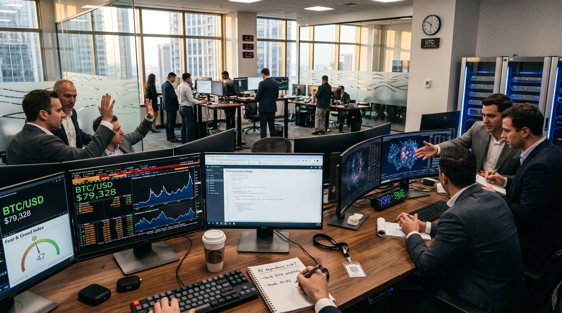 Trading floor with Bloomberg terminals showing BTC at $79K, ChatGPT prompts, Fear & Greed 47 amid AI thinking booster discussion