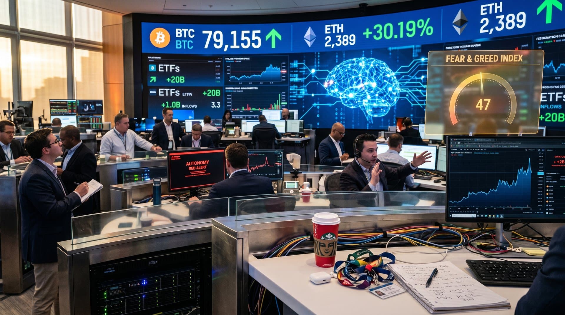 Nasdaq trading floor with AI dashboards, Bitcoin $79K charts, Fear & Greed 47 gauge, and crypto volatility visuals in high-energy fintech scene