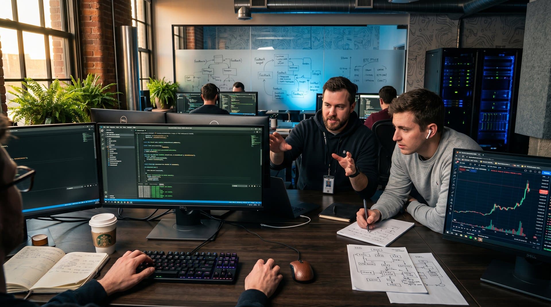 Tech workspace with code tests passing on monitors, BTC chart rising, TDD diagrams on whiteboard