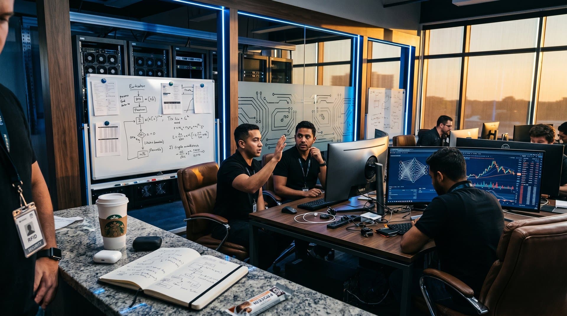 High-tech AI lab with neural network screens, crypto charts, server racks, and innovation elements under modern lighting