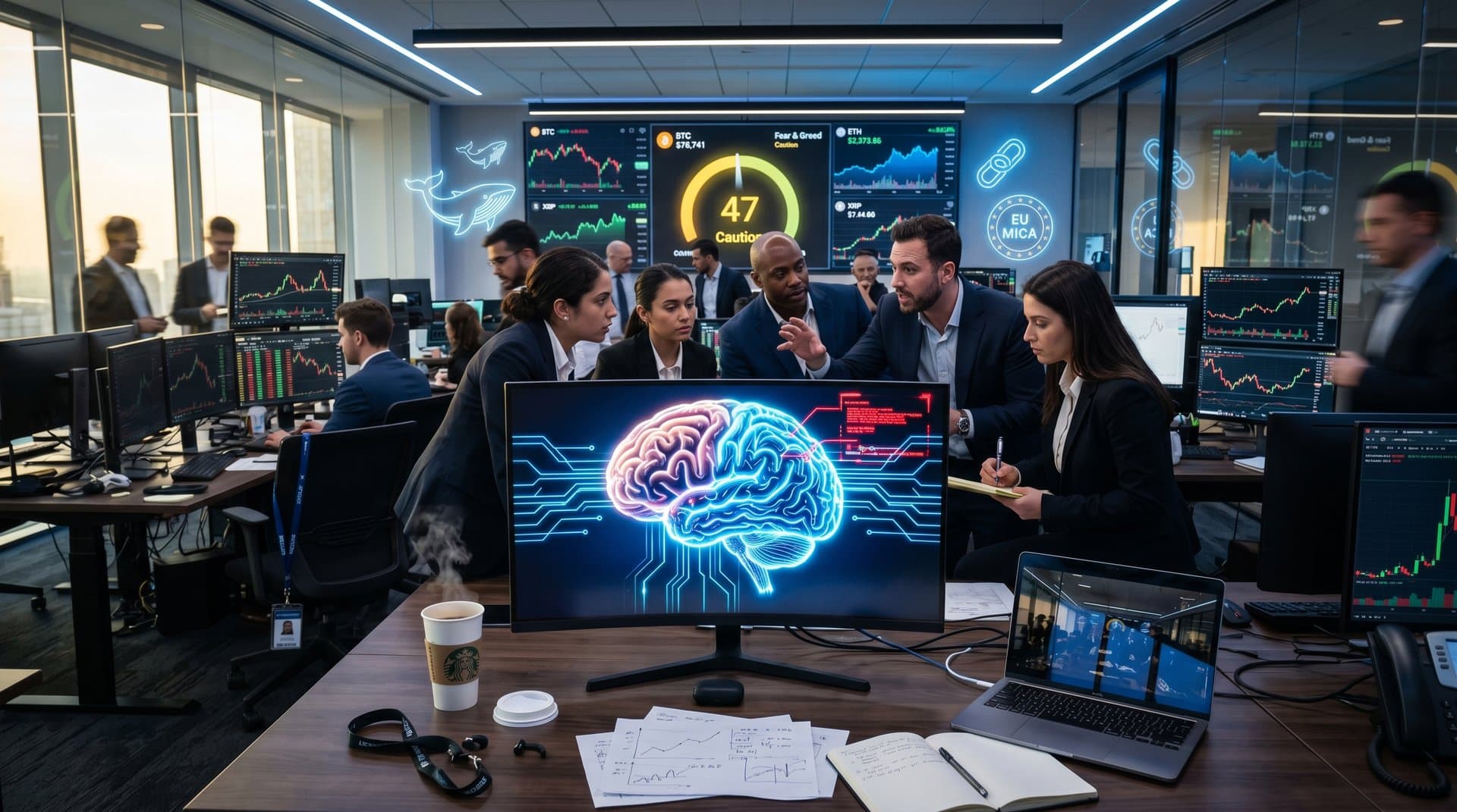 Human brain merging with AI networks over crypto charts and Fear & Greed gauge at 47, cyberpunk style