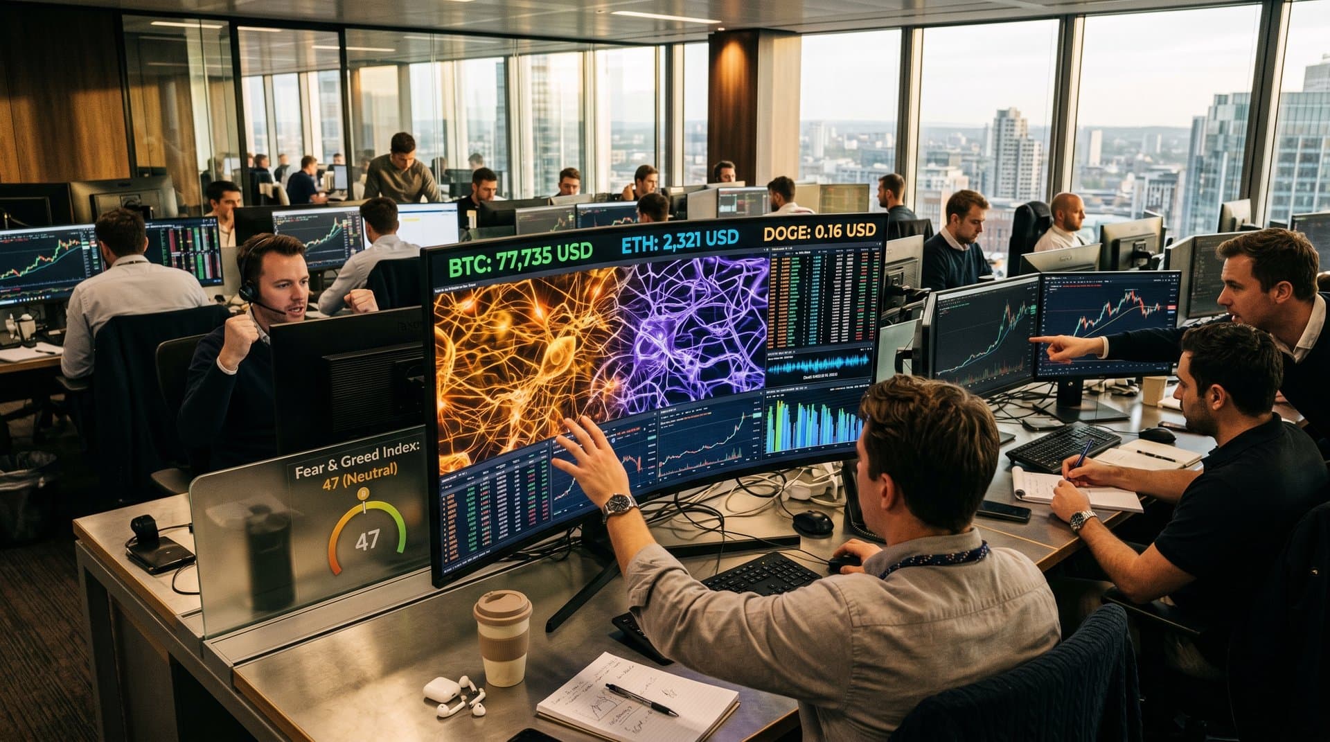 Abstract fusion of brain neurons and AI networks with crypto charts and Fear & Greed 47 gauge in vibrant digital style