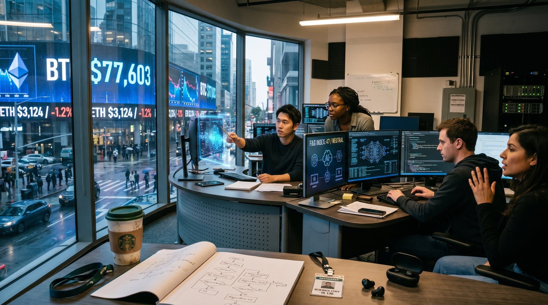 Futuristic AI lab with team silhouettes viewing neural networks, Bitcoin charts at $77,603, and Fear & Greed at 47 on multi-monitors in high-tech open space