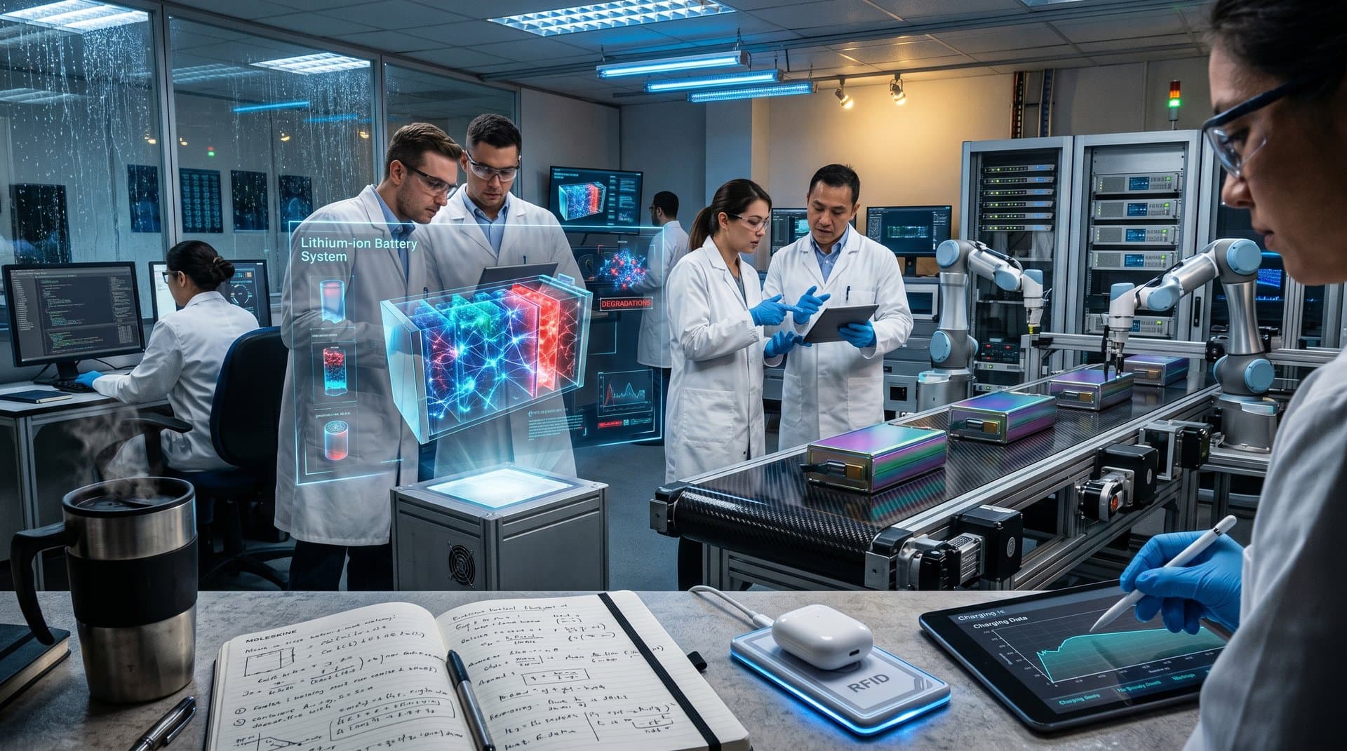 AI analyzing battery cells in high-tech lab with robotic sorters and neural network visuals