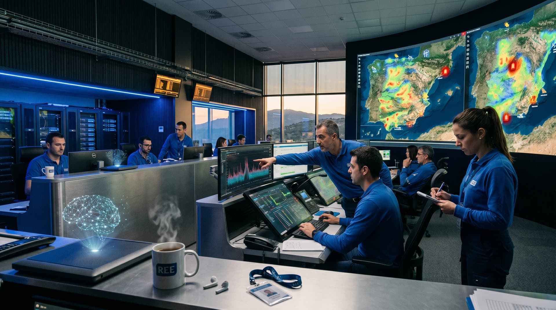REE control room screens show AI renewable grid maps amid Spain blackout simulation