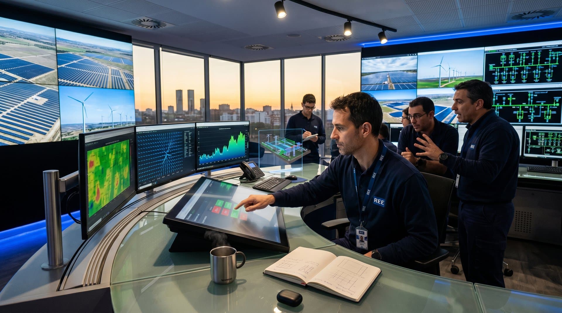 Engineers at REE control center desks monitor renewables grid data on large LED screens amid busy team discussions