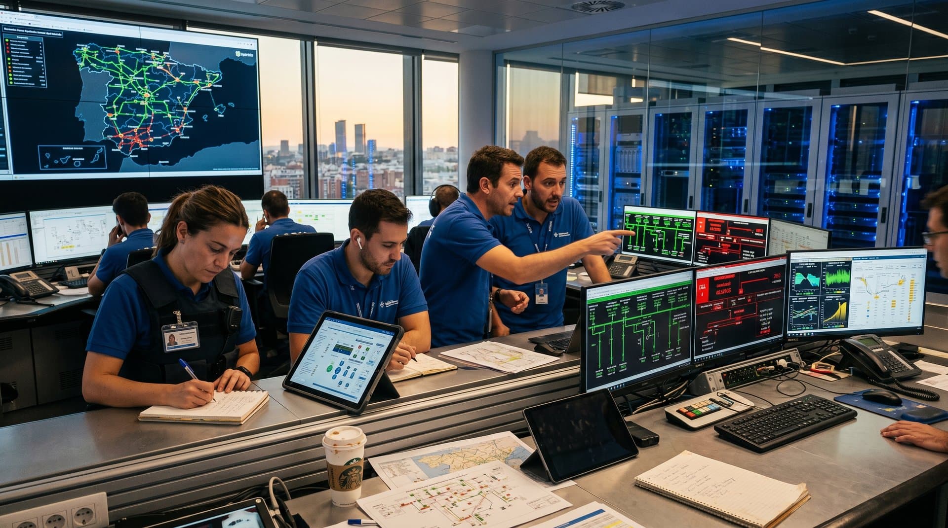 High-tech control center monitors display Spain grid maps with renewables flows and alerts amid server racks