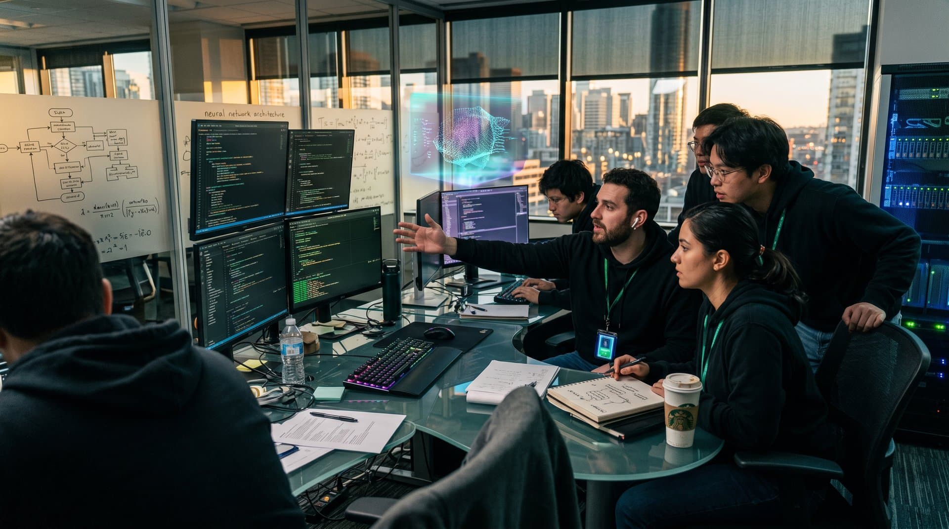 AI lab with code-filled monitors, server racks, and neural diagrams in futuristic developer workspace