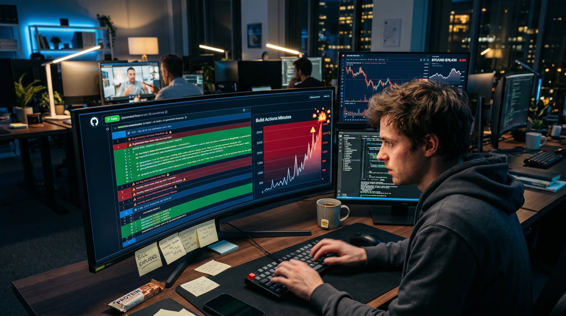 Abstract GitHub Copilot code review interface with Actions minute spikes and crypto charts in dark mode tech style