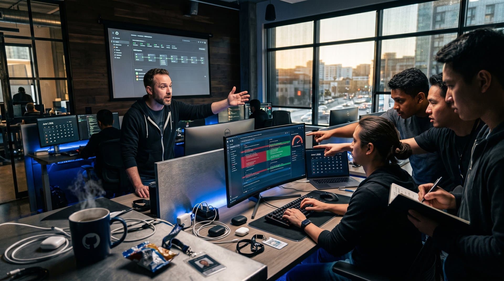 Developers at modern GitHub engineering desks with multiple monitors showing code reviews and Actions pipelines in collaborative office