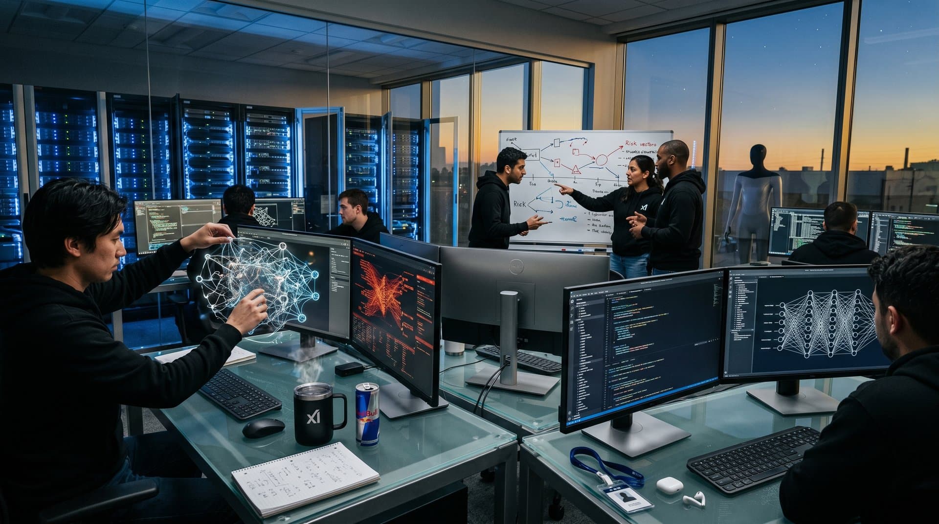 xAI engineers at desks with Grok AI screens, cybersecurity maps, server racks, and collaborative digital whiteboard in high-tech secure lab