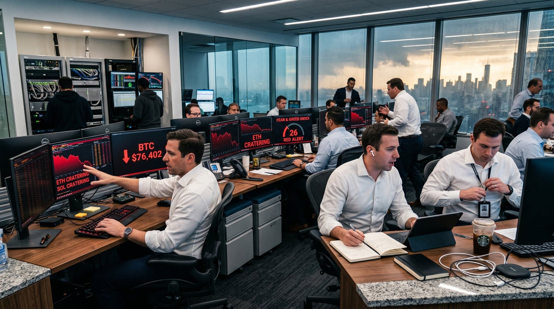 Trading floor with Bloomberg terminals showing red crypto charts declining to BTC $76k, Fear & Greed at 26, high-tech fintech intensity