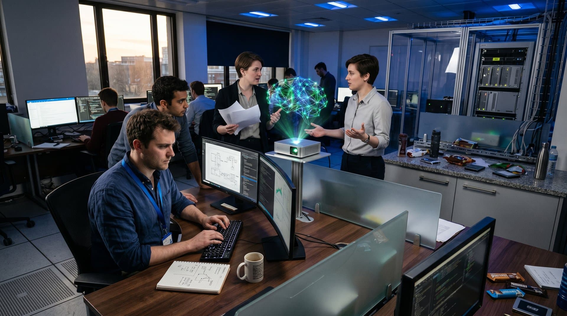 Engineers at curved tables with ultrawide monitors showing AI models in Google DeepMind lab, coffee mugs and keyboards on walnut desks