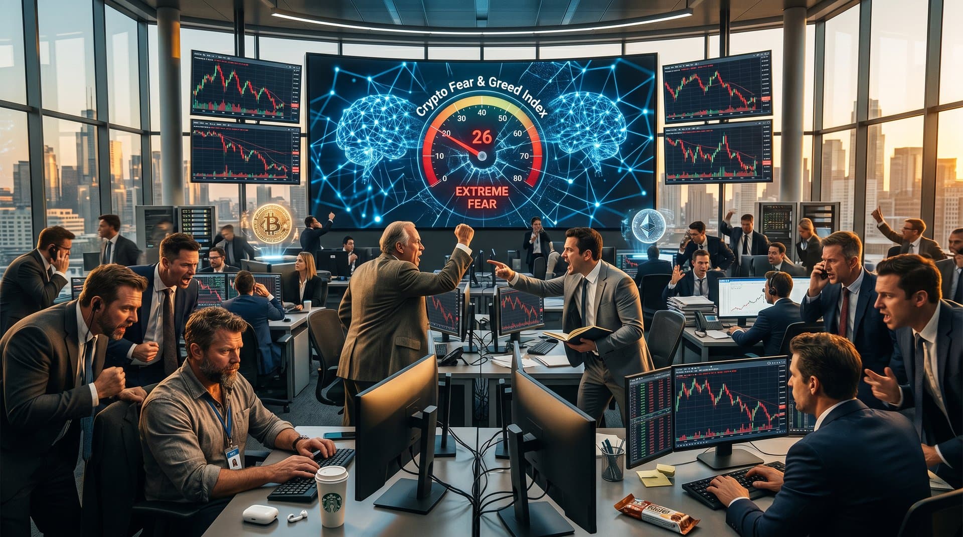 Silhouettes opposing AI neural network with crypto fear index at 26 and plunging charts in cyberpunk style