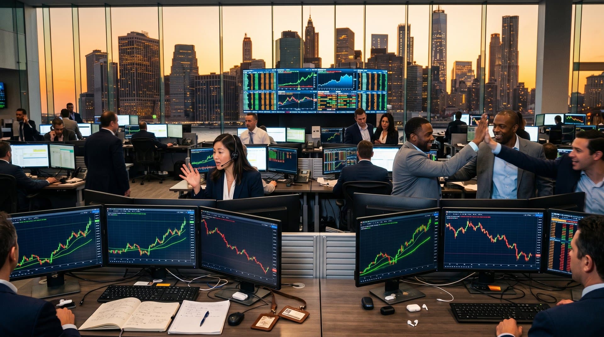 Traders analyze surging AI stock outperforming Magnificent Seven on trading floor screens amid market data