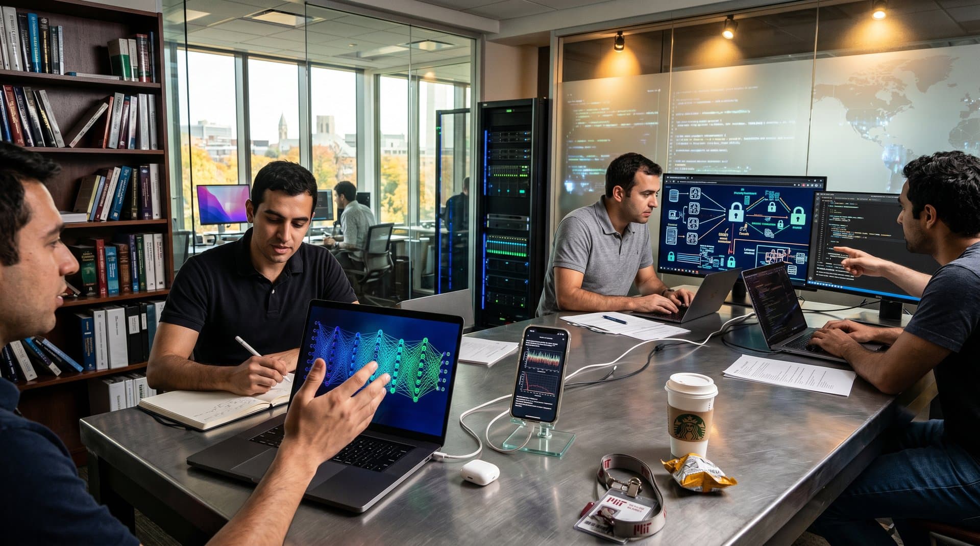 MIT CSAIL lab scene with smartphones, AI neural network screens, data graphs, and server racks in high-tech environment