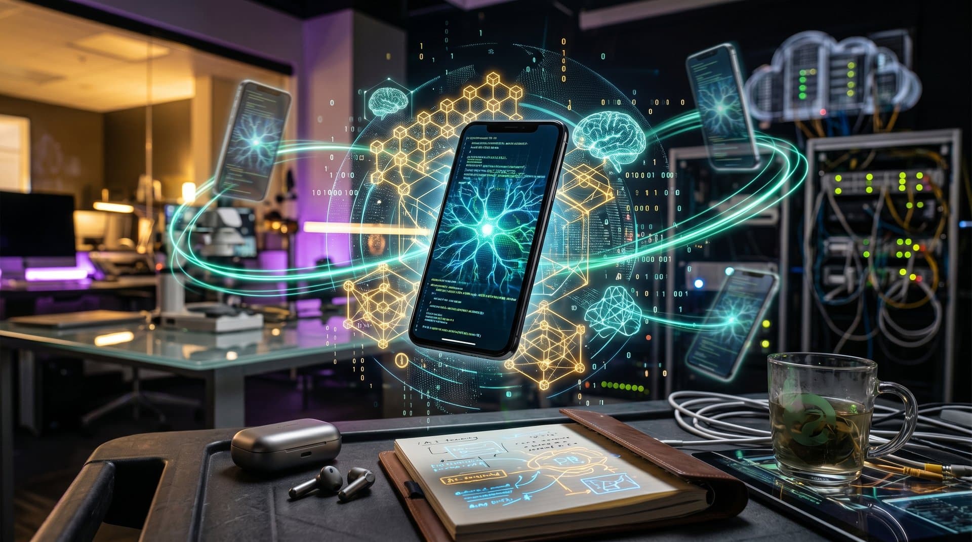 Futuristic smartphone with neural networks, privacy shields, and blockchain chains in digital space